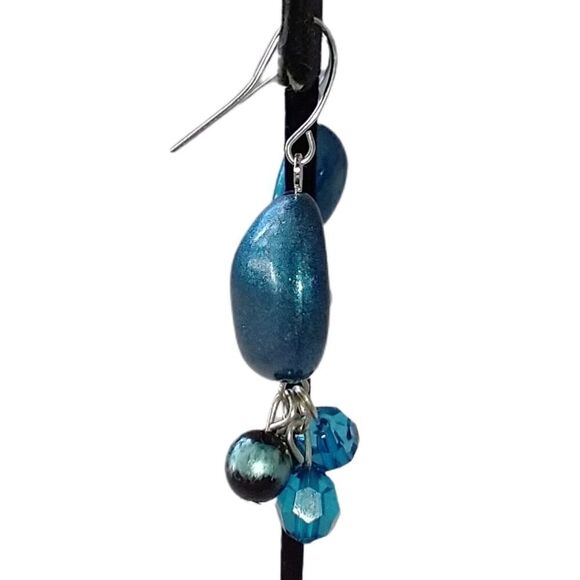 Teardrop Beaded Earrings Dangle Silver Metallic Blue Tone Boho Gypsy Beachy Con - Picture 4 of 15